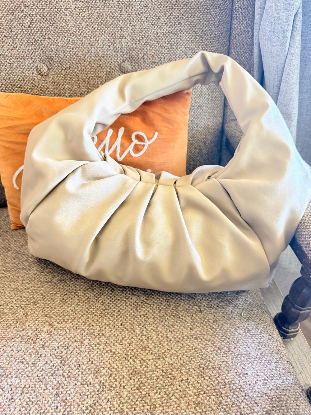 Pleated Shoulder Hobo Bag in Light Beige